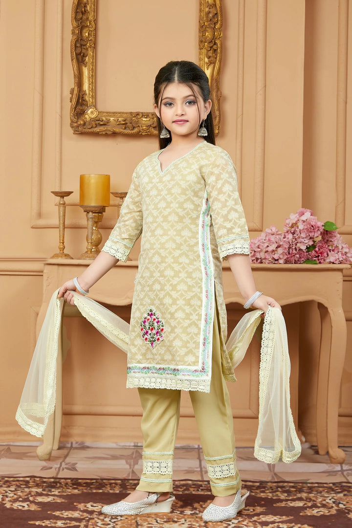 Beige Embroidered Cotton Straight Kids Salwar Suits