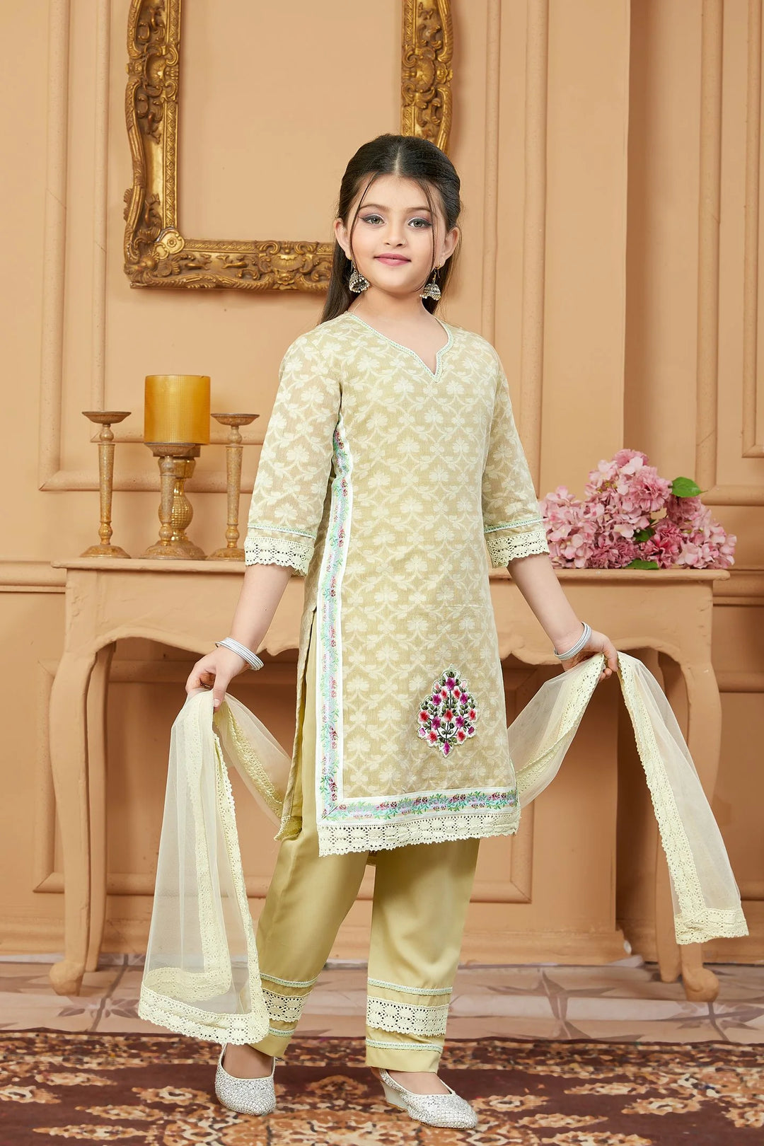 Beige Embroidered Cotton Straight Kids Salwar Suits