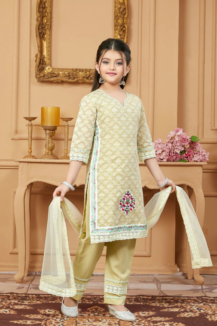 Beige Embroidered Cotton Straight Kids Salwar Suits
