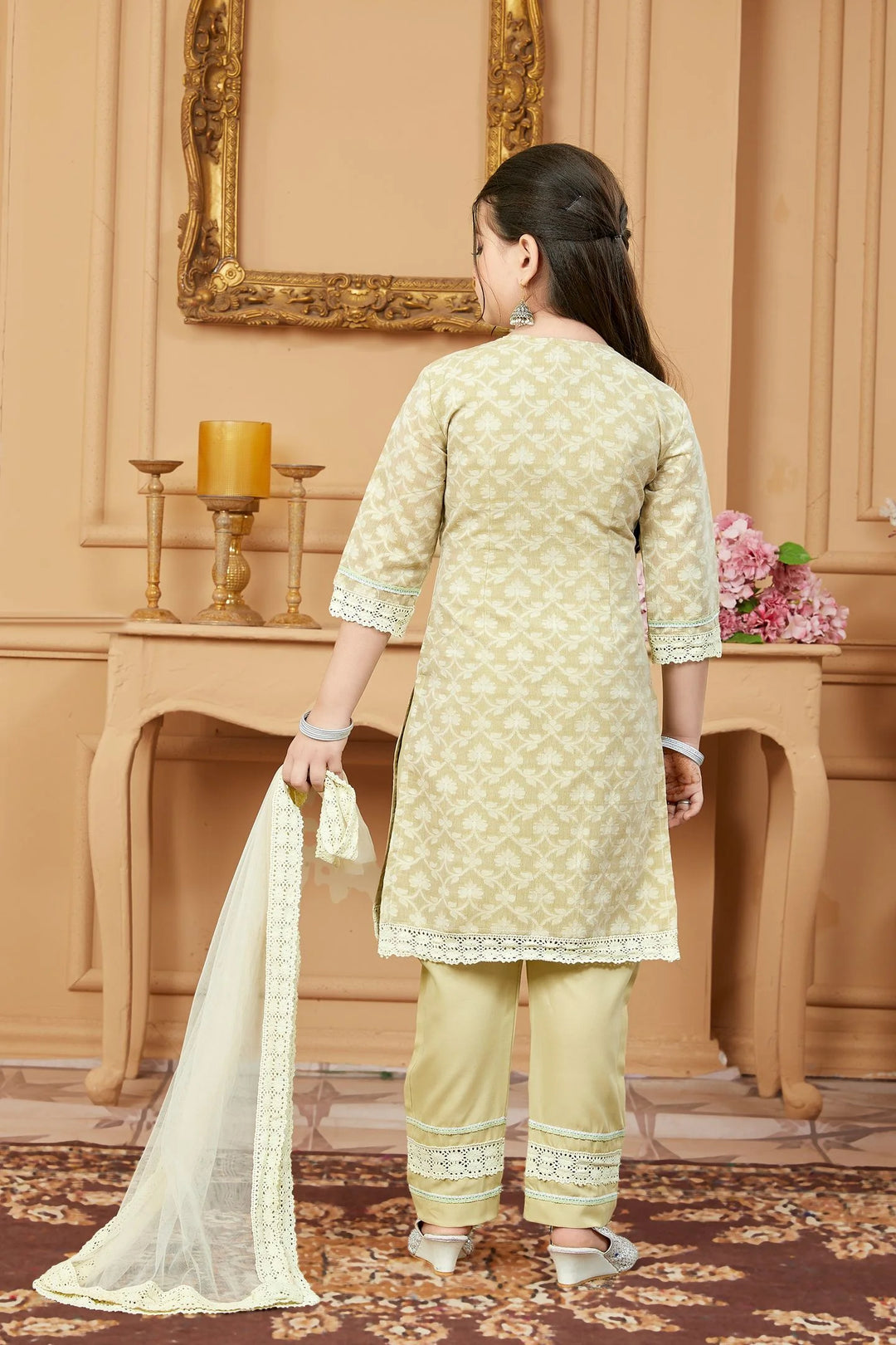 Beige Embroidered Cotton Straight Kids Salwar Suits