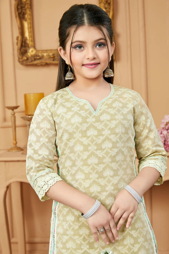 Beige Embroidered Cotton Straight Kids Salwar Suits