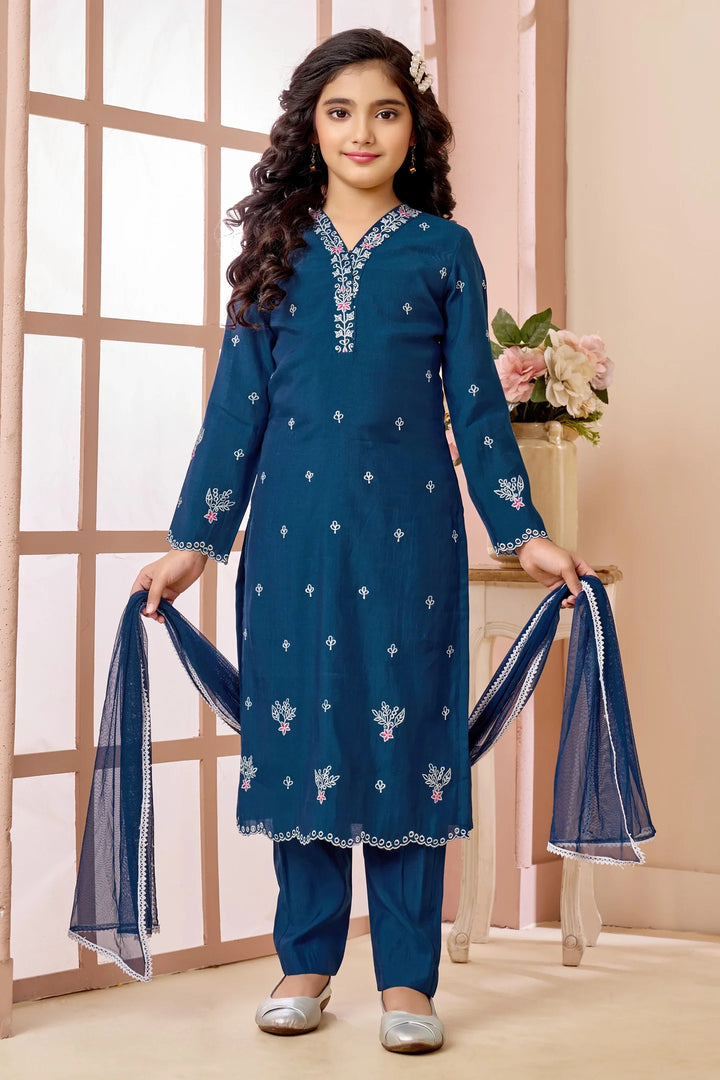 Blue Embroidered Art Silk Straight Kids Salwar Suit