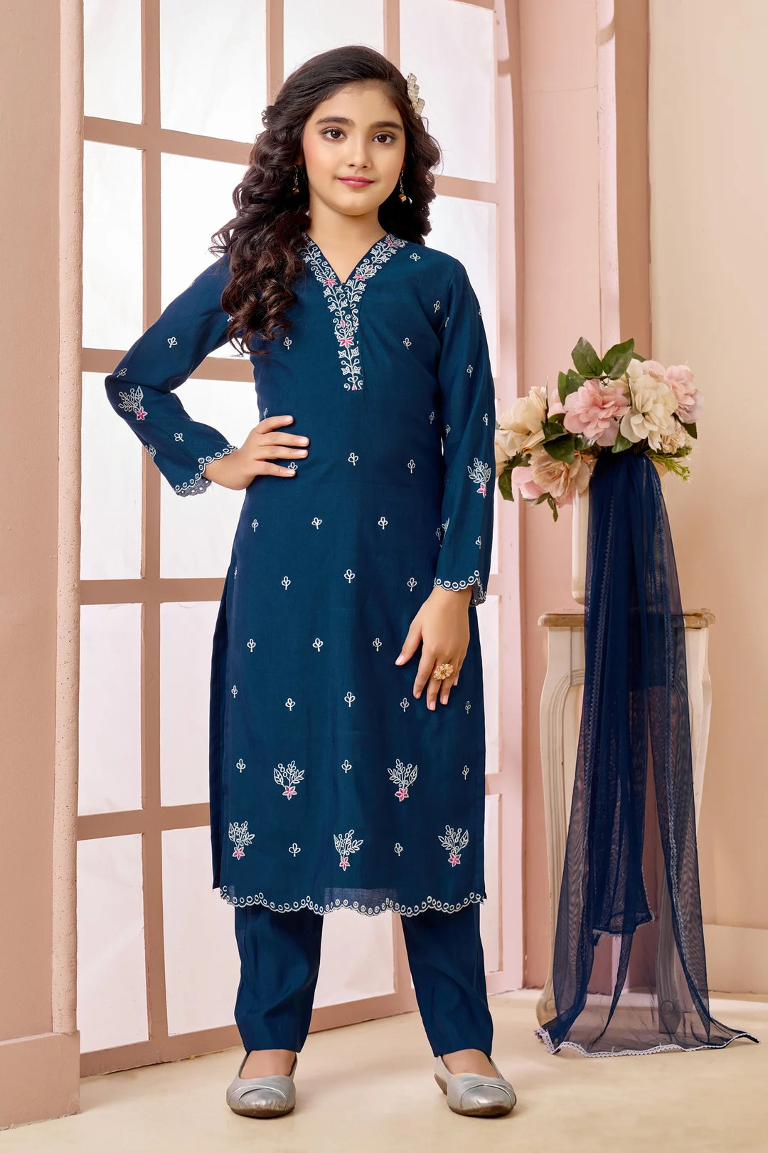 Blue Embroidered Art Silk Straight Kids Salwar Suit