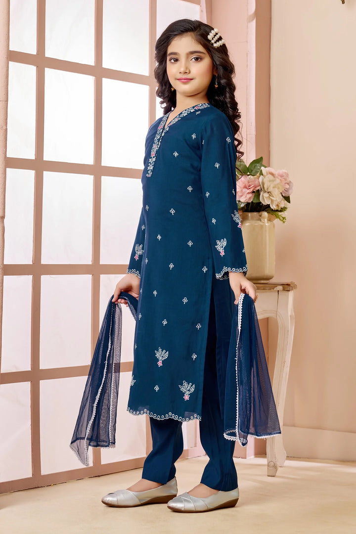 Blue Embroidered Art Silk Straight Kids Salwar Suit