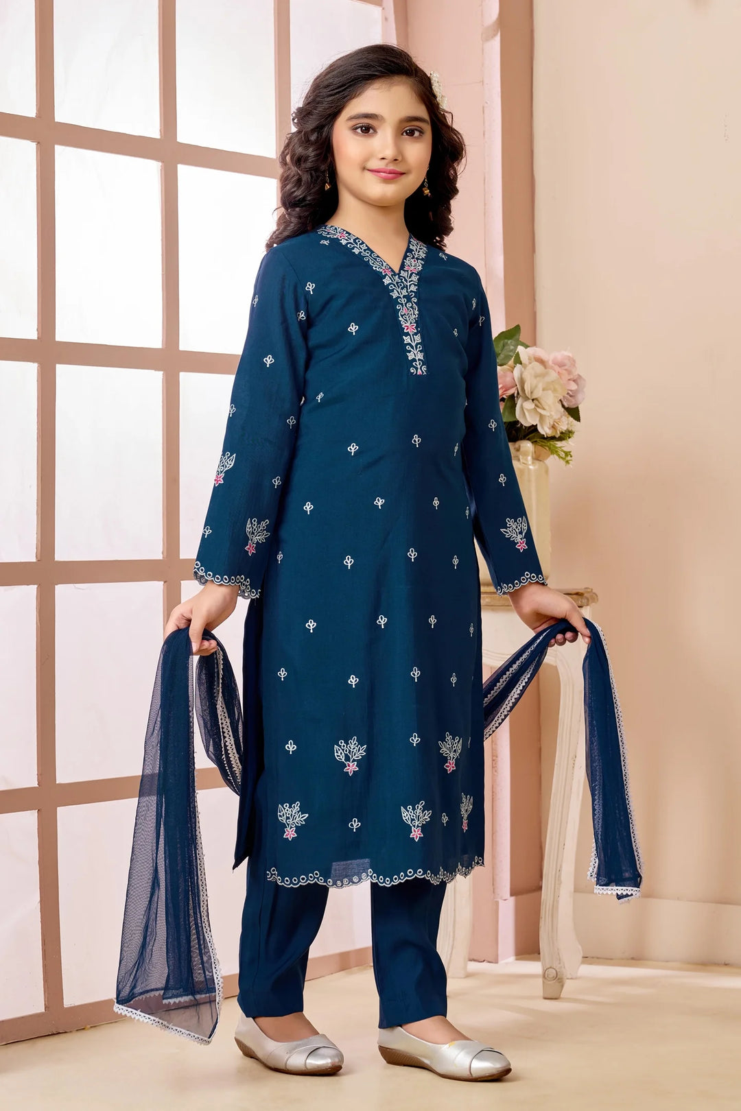 Blue Embroidered Art Silk Straight Kids Salwar Suit