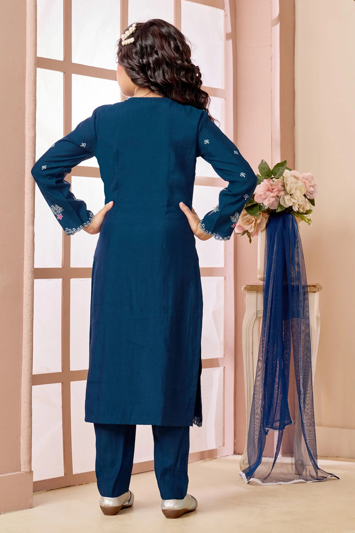 Blue Embroidered Art Silk Straight Kids Salwar Suit