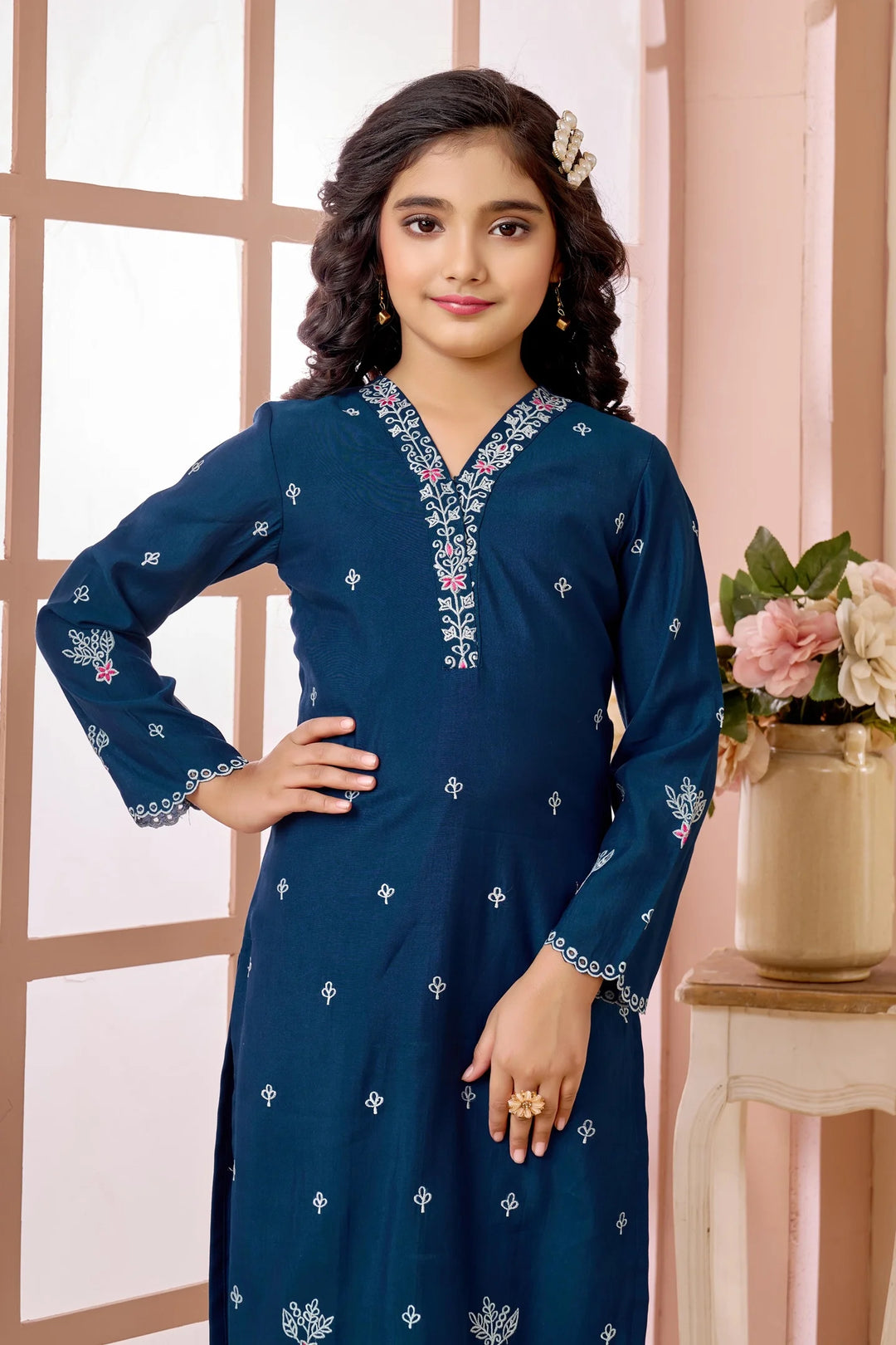 Blue Embroidered Art Silk Straight Kids Salwar Suit