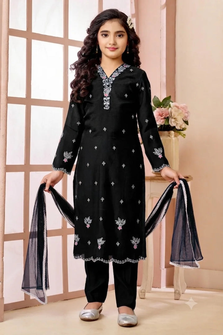 Black Embroidered Art Silk Straight Kids Salwar Suit