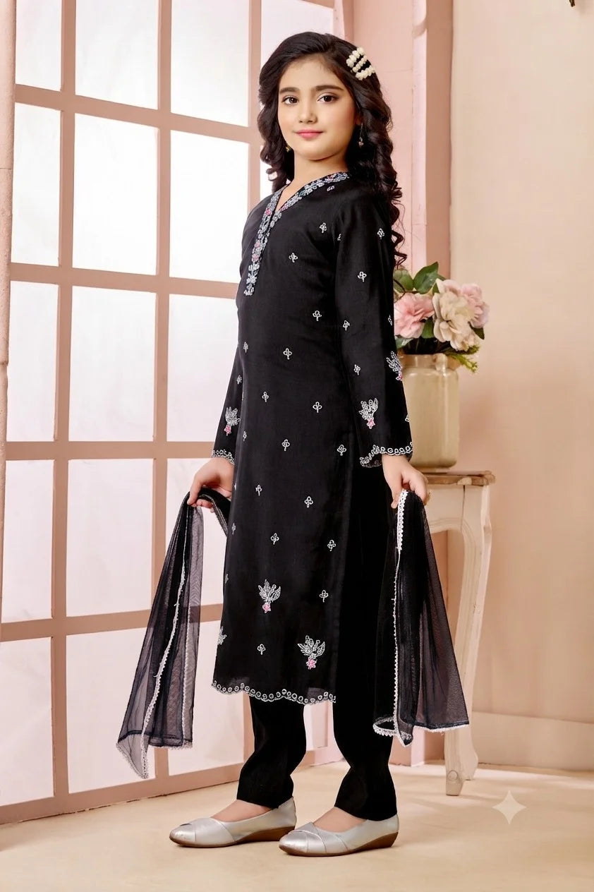 Black Embroidered Art Silk Straight Kids Salwar Suit
