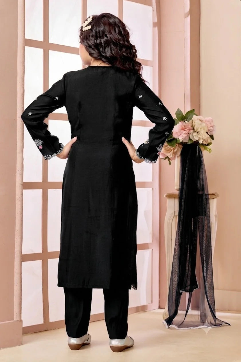 Black Embroidered Art Silk Straight Kids Salwar Suit