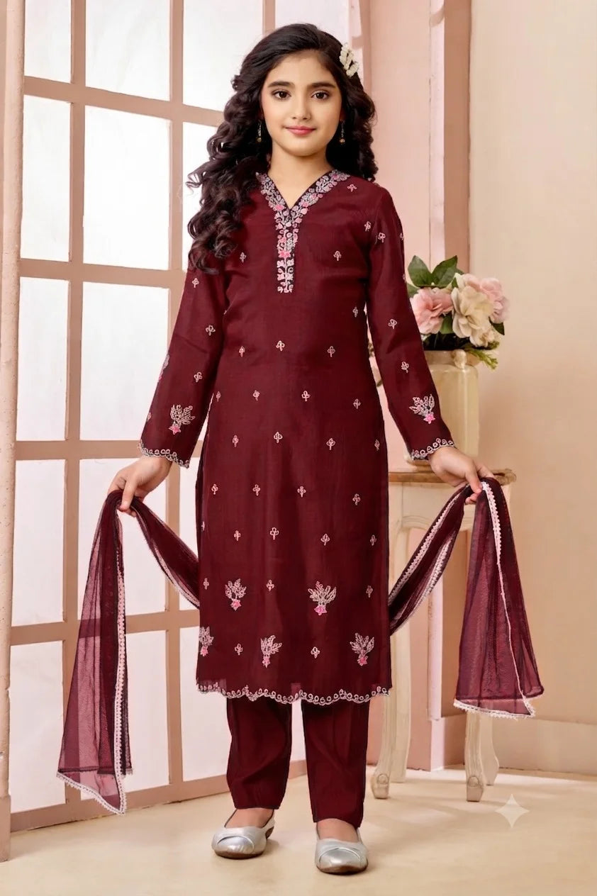 Maroon Embroidered Art Silk Straight Kids Salwar Suit