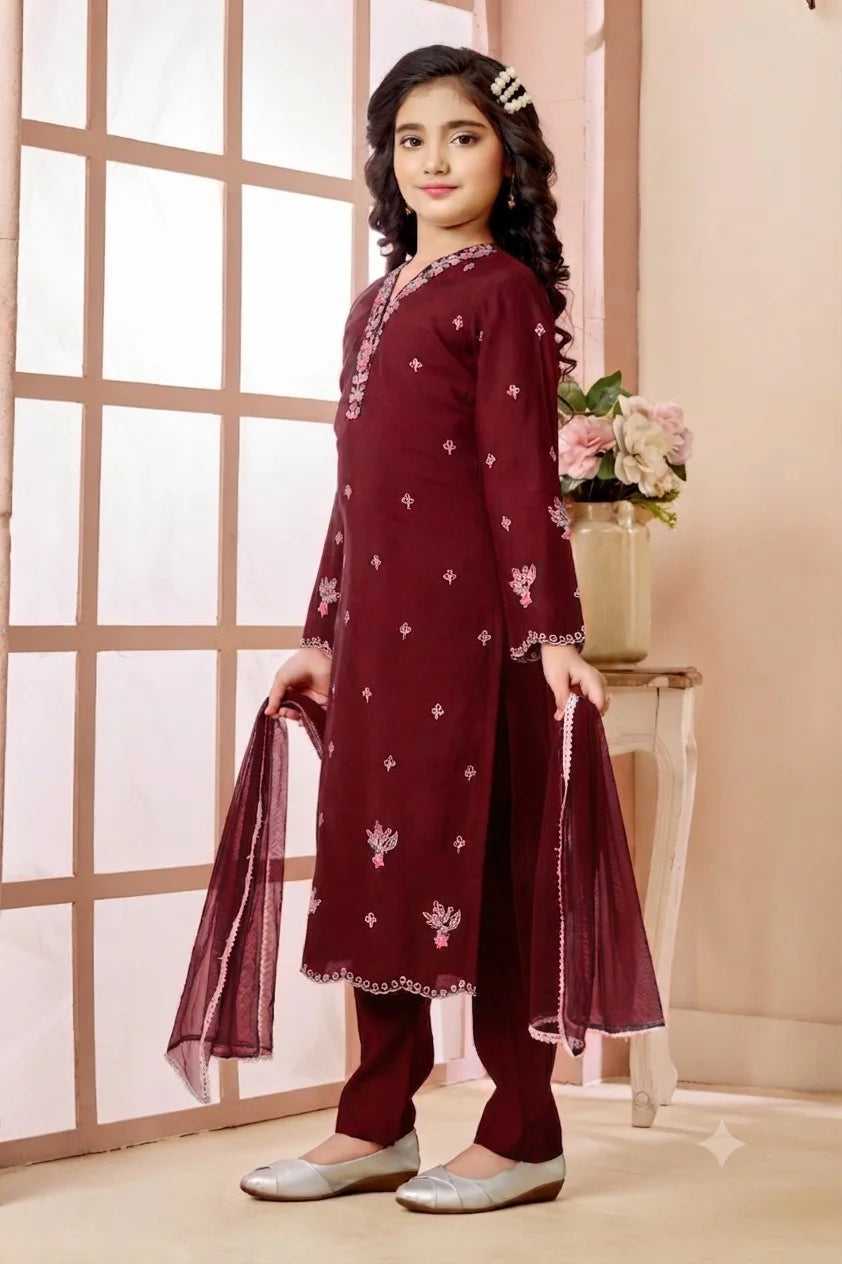 Maroon Embroidered Art Silk Straight Kids Salwar Suit