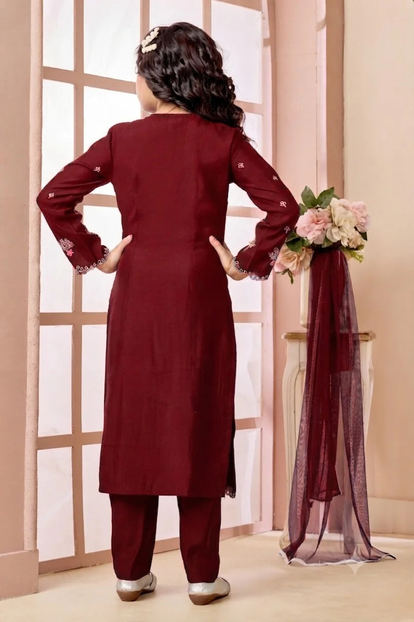 Maroon Embroidered Art Silk Straight Kids Salwar Suit