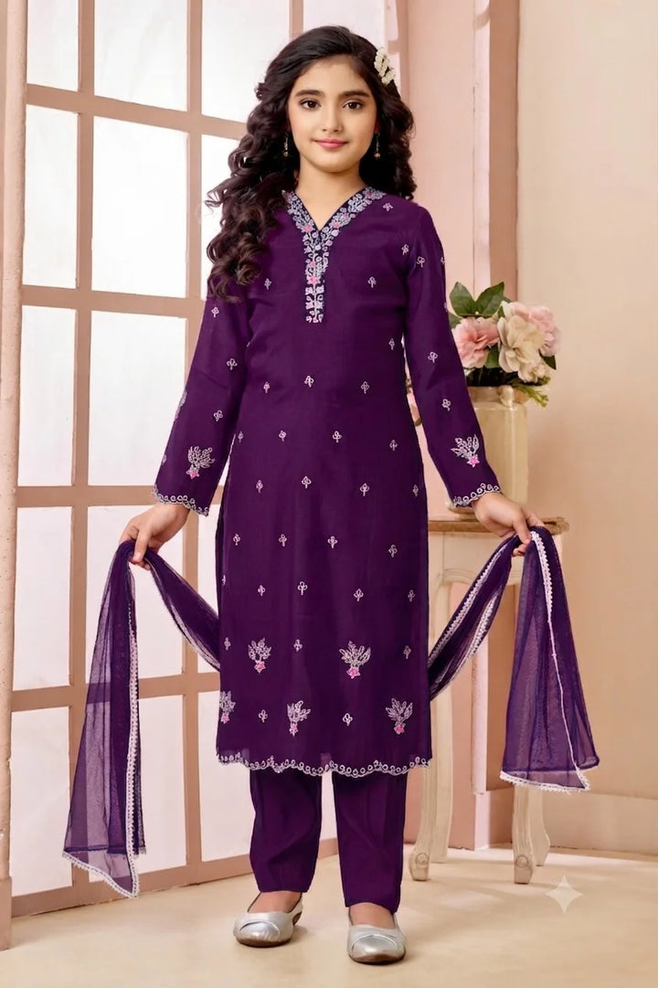 Purple Embroidered Art Silk Straight Kids Salwar Suit