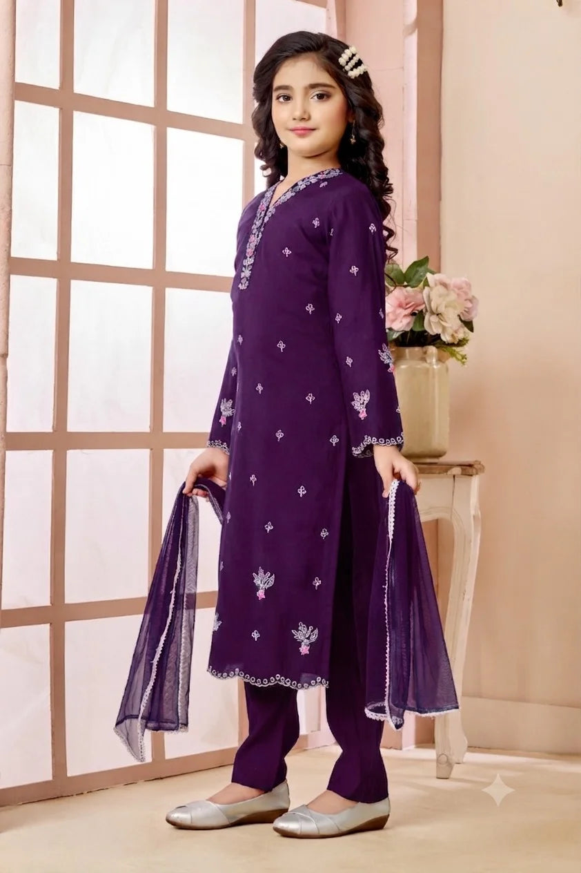 Purple Embroidered Art Silk Straight Kids Salwar Suit