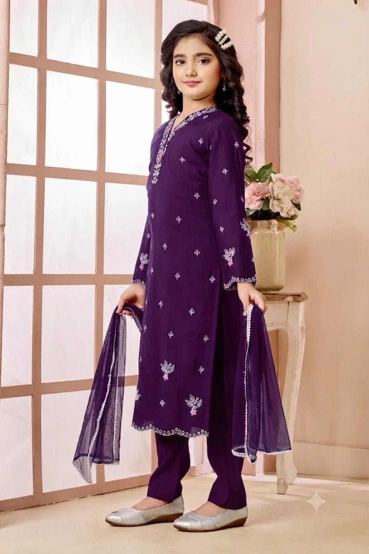 Purple Embroidered Art Silk Straight Kids Salwar Suit