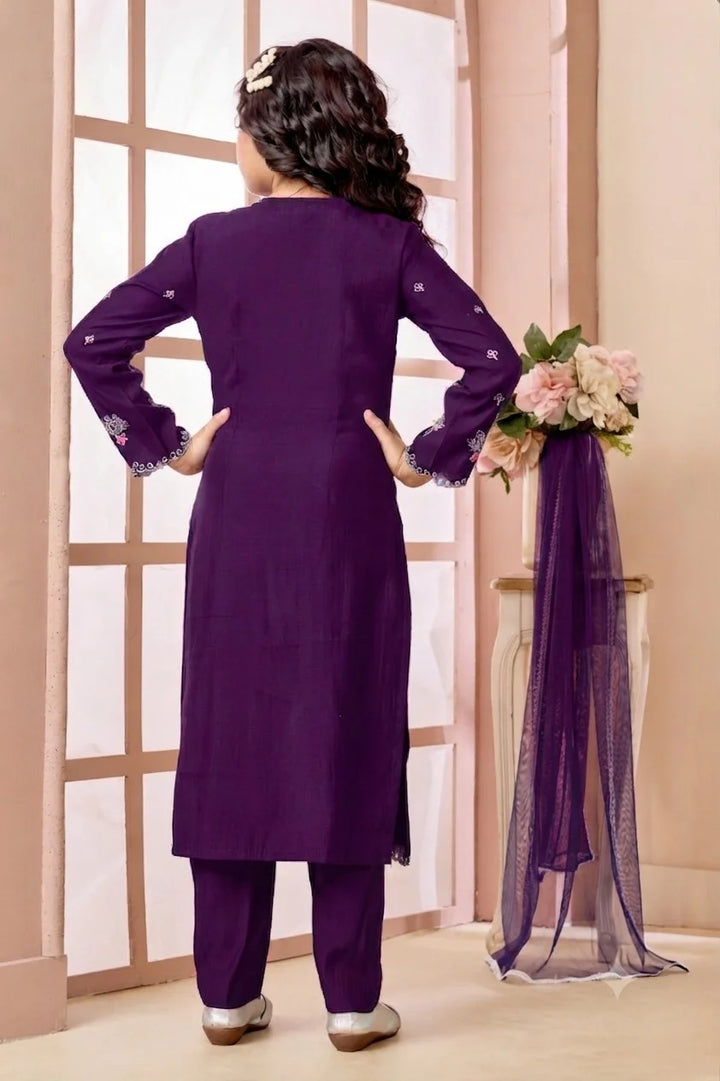 Purple Embroidered Art Silk Straight Kids Salwar Suit