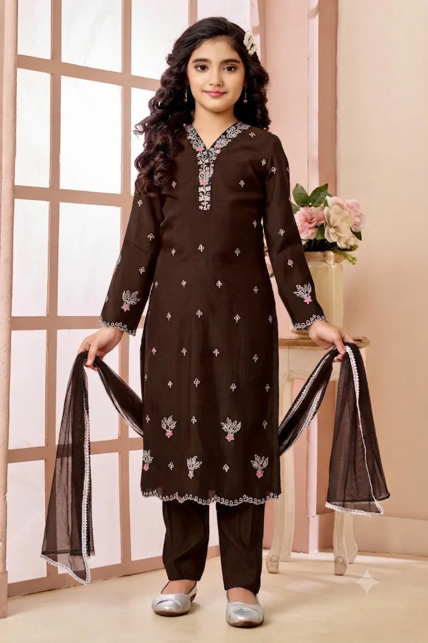 Brown Embroidered Art Silk Straight Kids Salwar Suit