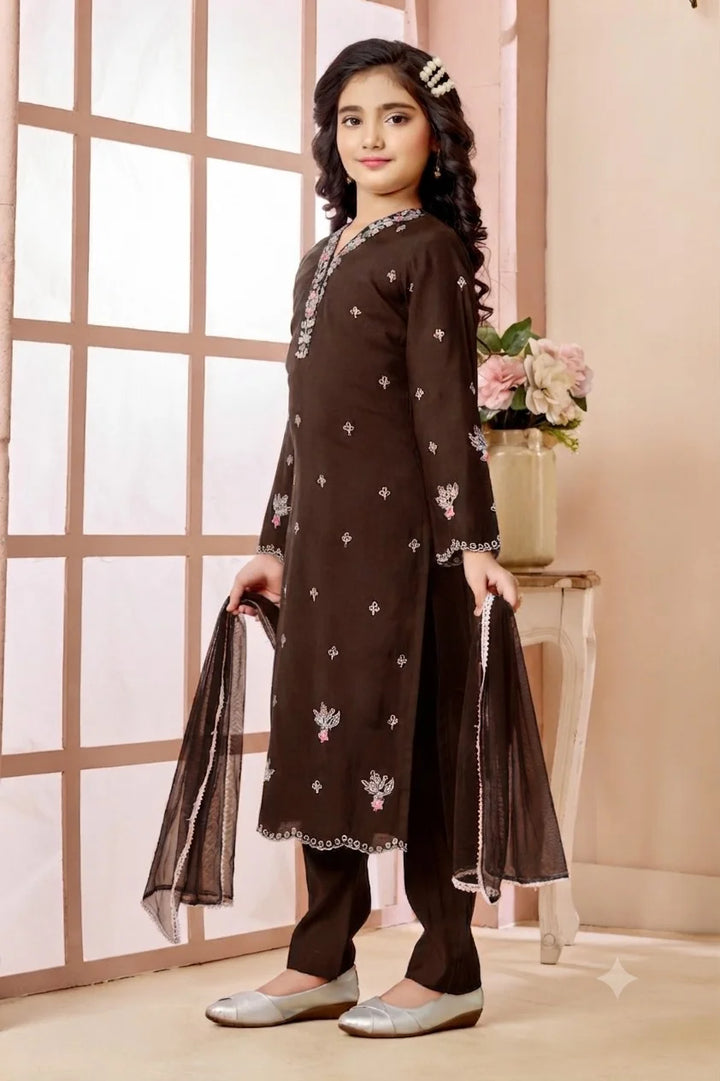Brown Embroidered Art Silk Straight Kids Salwar Suit