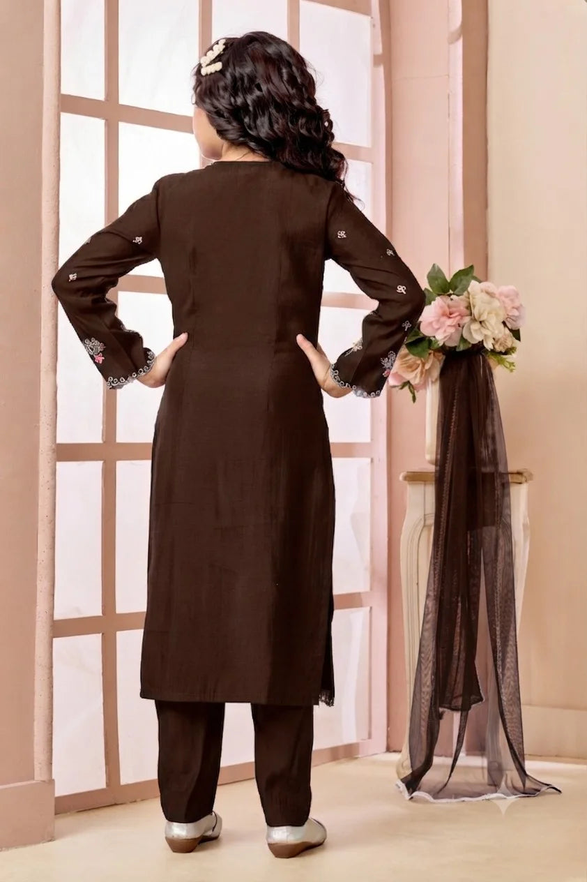 Brown Embroidered Art Silk Straight Kids Salwar Suit