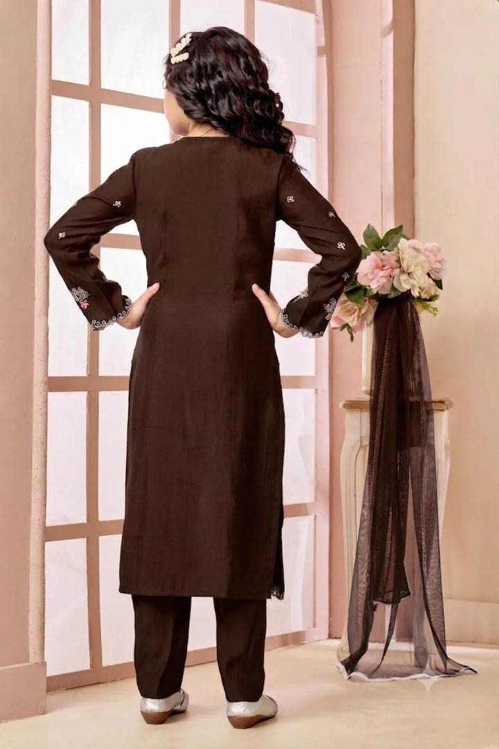 Brown Embroidered Art Silk Straight Kids Salwar Suit