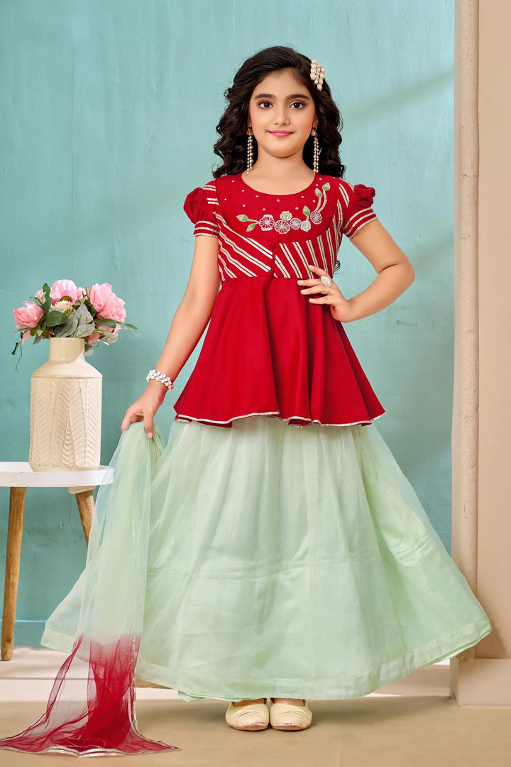 Red Embroidered Art Silk A Line Lehenga Choli Dupatta