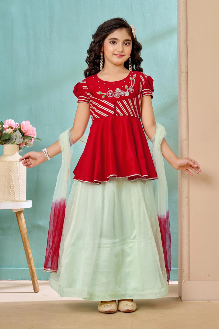 Red Embroidered Art Silk A Line Lehenga Choli Dupatta