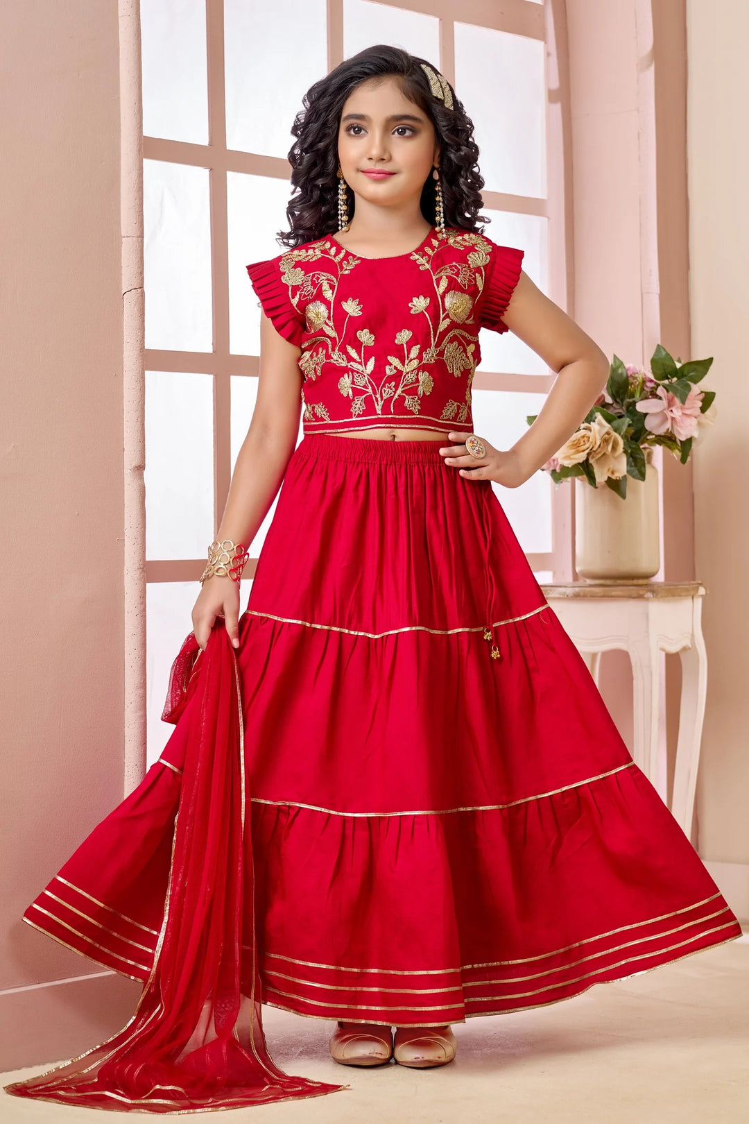 Red Embroidered Art Silk A Line Lehenga Choli Dupatta
