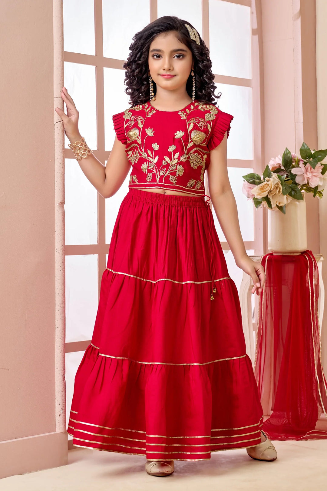 Red Embroidered Art Silk A Line Lehenga Choli Dupatta