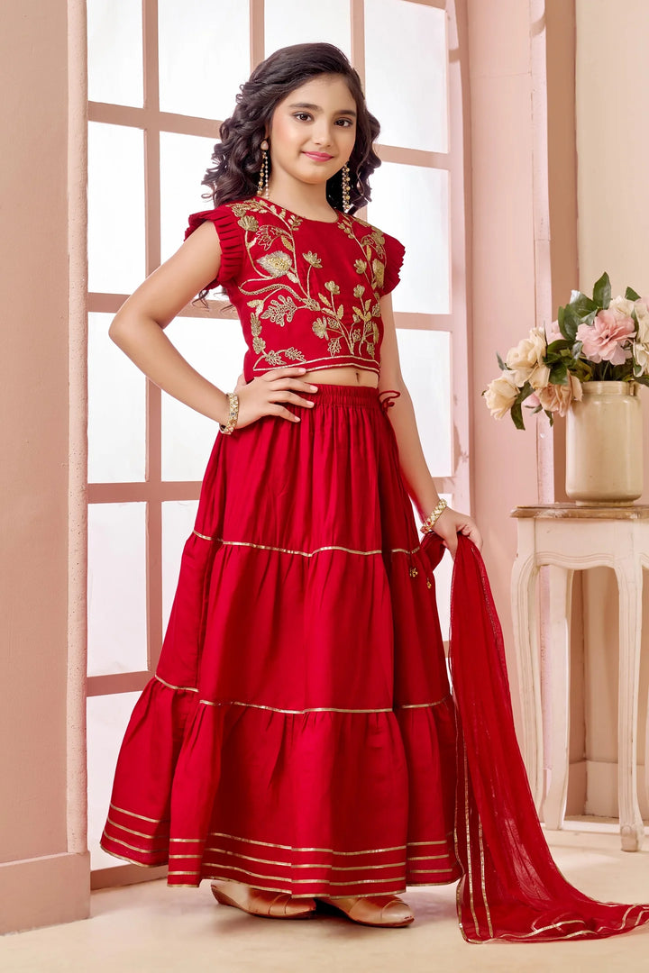Red Embroidered Art Silk A Line Lehenga Choli Dupatta