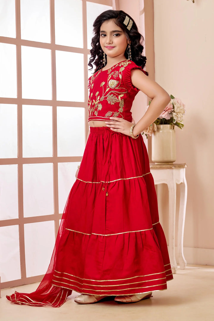 Red Embroidered Art Silk A Line Lehenga Choli Dupatta