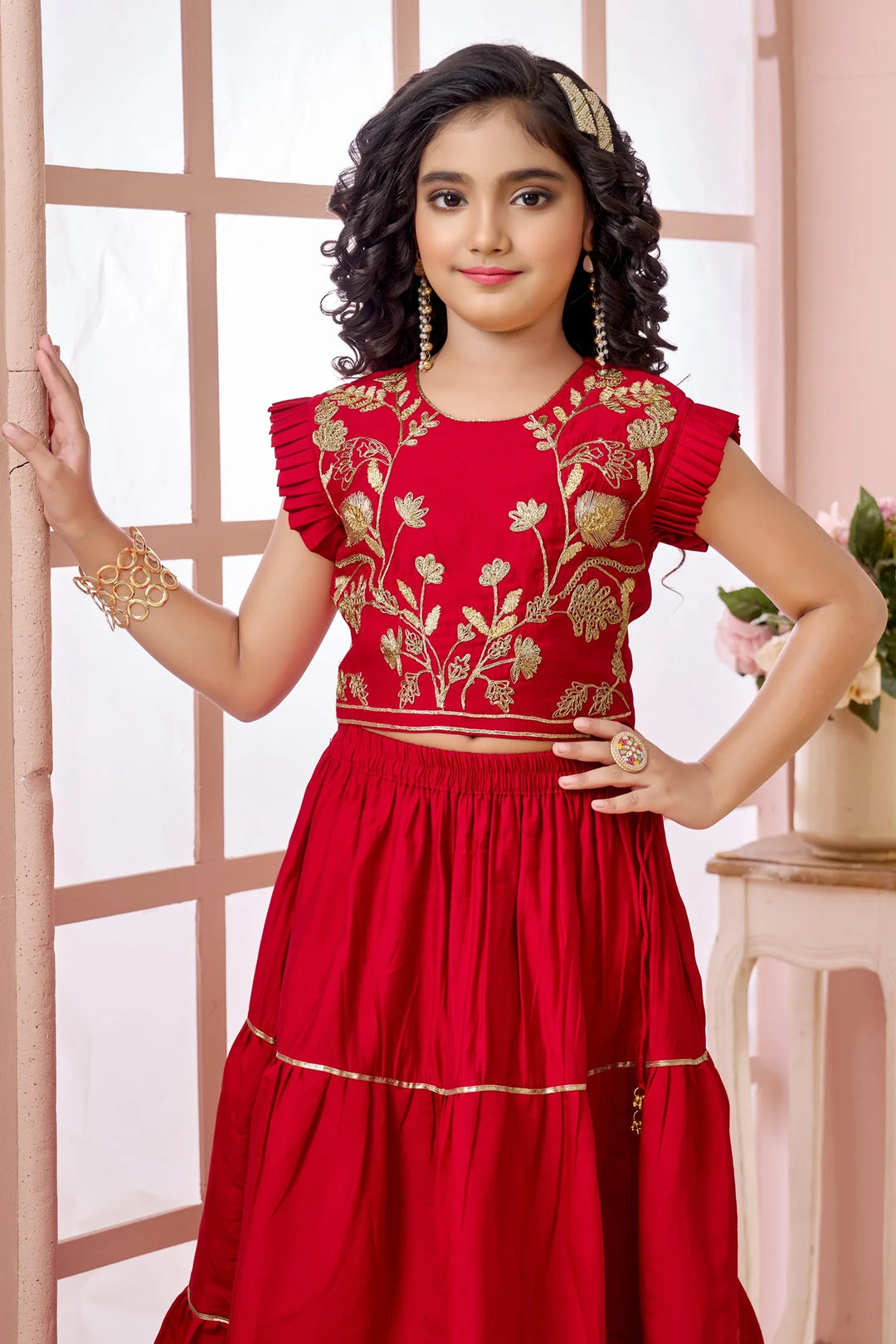 Red Embroidered Art Silk A Line Lehenga Choli Dupatta