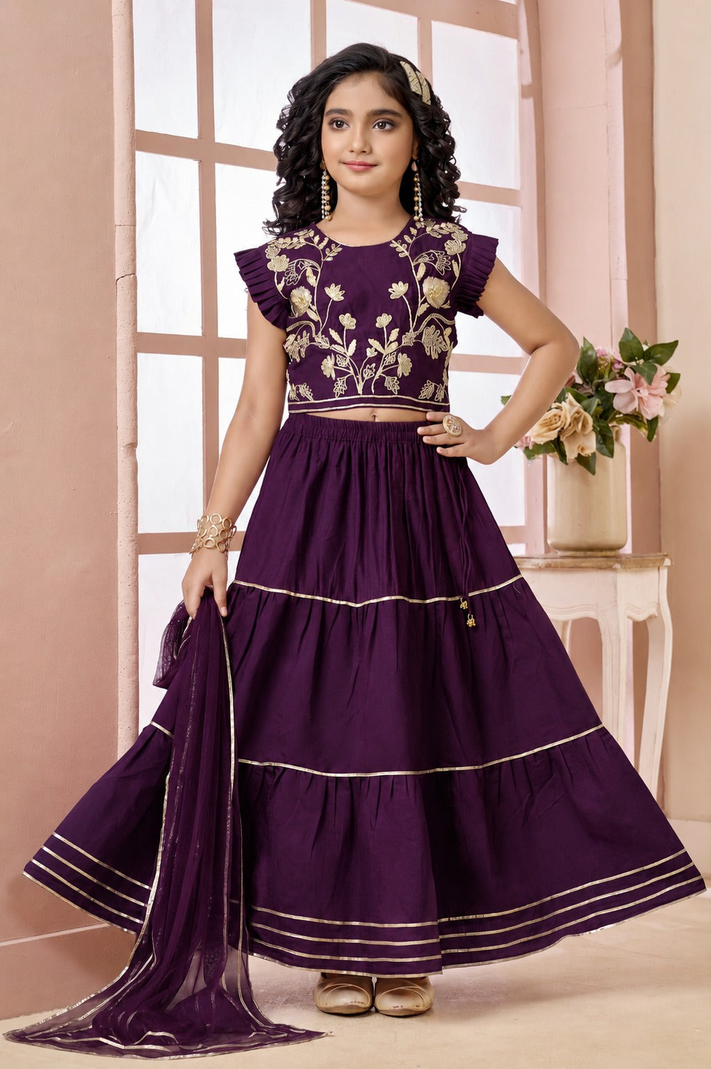 Dark Purple Embroidered Art Silk A Line Lehenga Choli Dupatta (Copy)