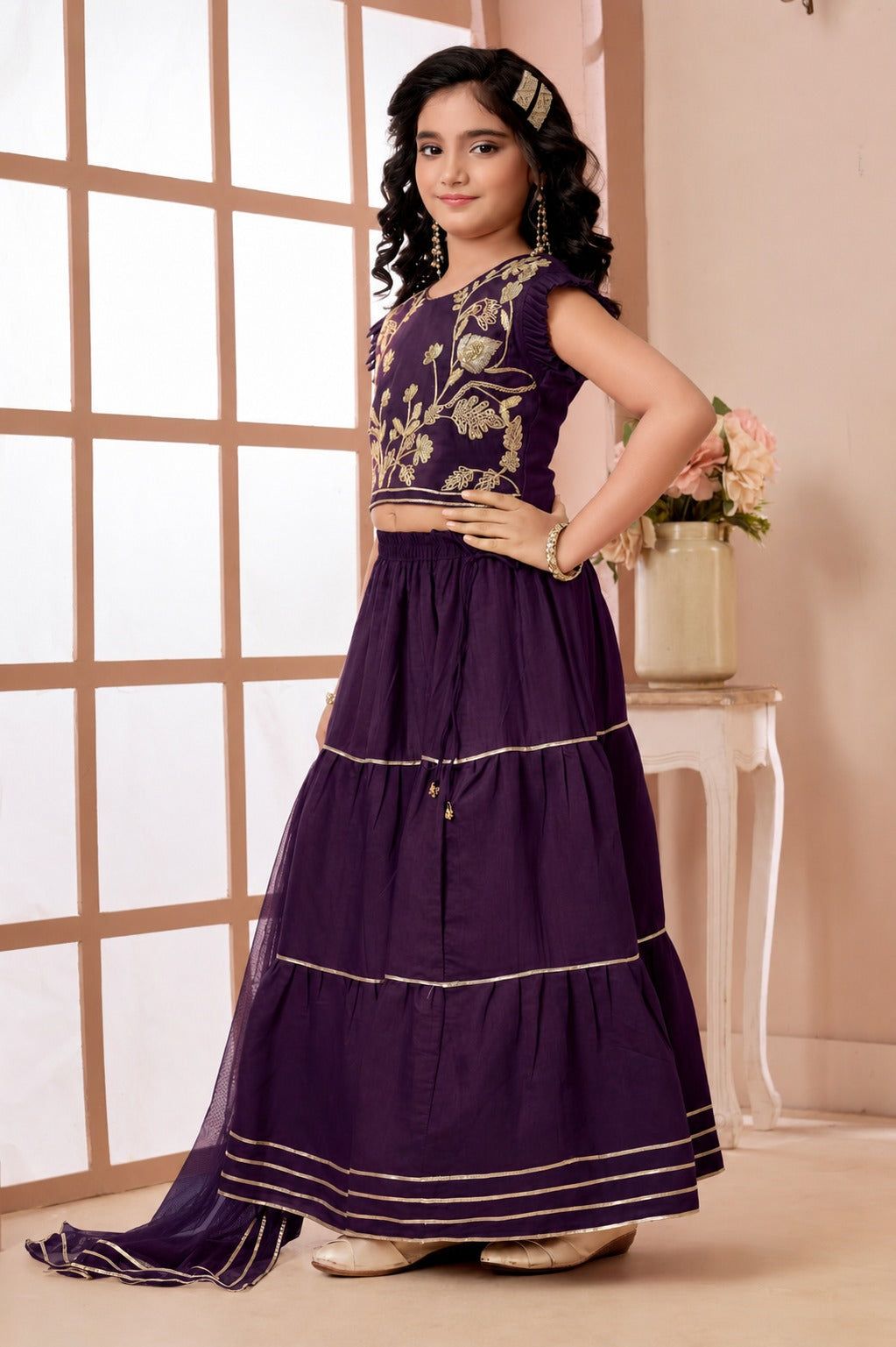 Dark Purple Embroidered Art Silk A Line Lehenga Choli Dupatta (Copy)