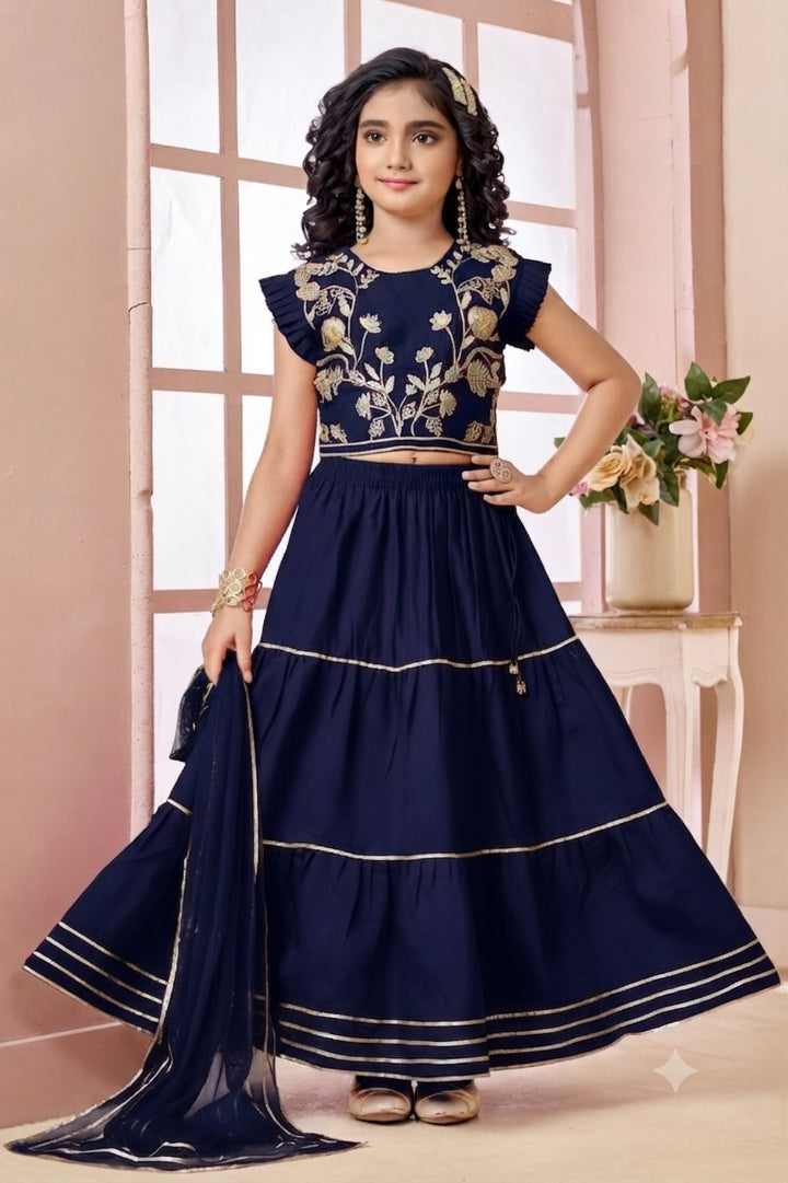 Navy Blue Embroidered Art Silk A Line Lehenga Choli Dupatta