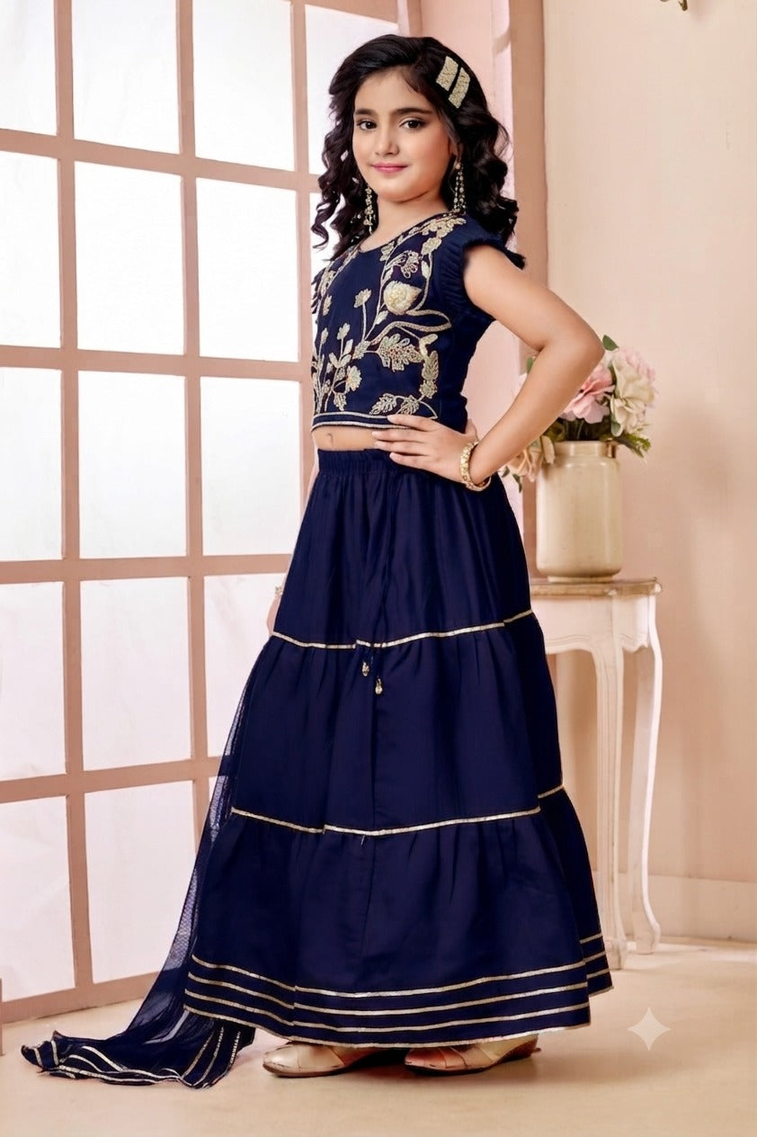 Navy Blue Embroidered Art Silk A Line Lehenga Choli Dupatta