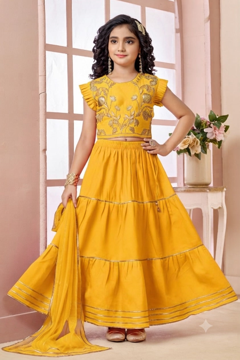 Yellow Embroidered Art Silk A Line Lehenga Choli Dupatta