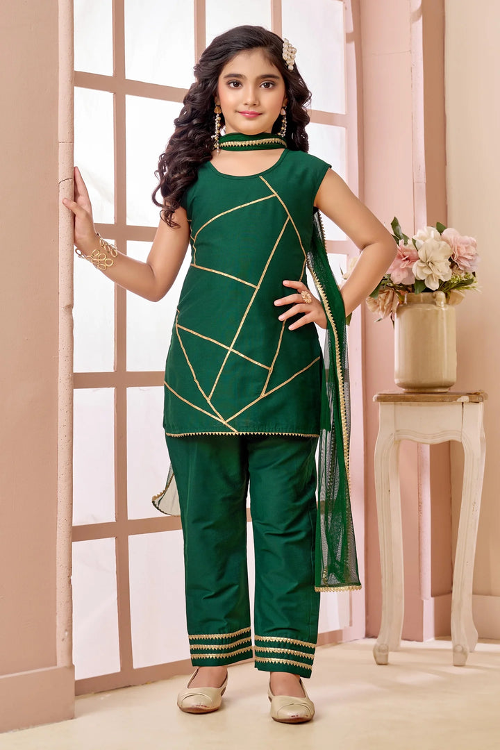 Green Embroidered Art Silk Straight Kids Salwar Suit