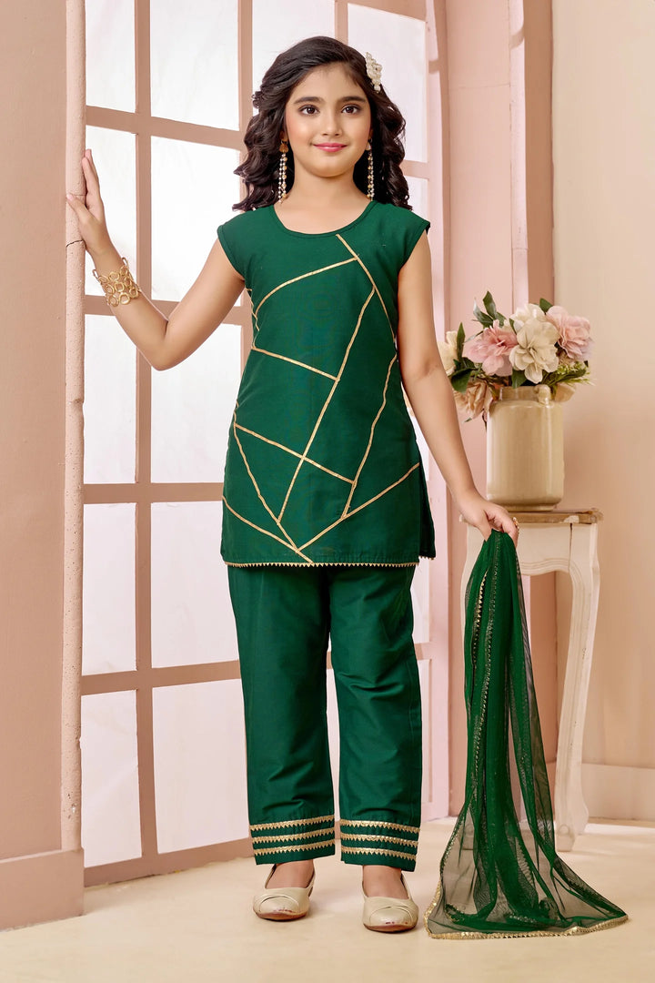 Green Embroidered Art Silk Straight Kids Salwar Suit