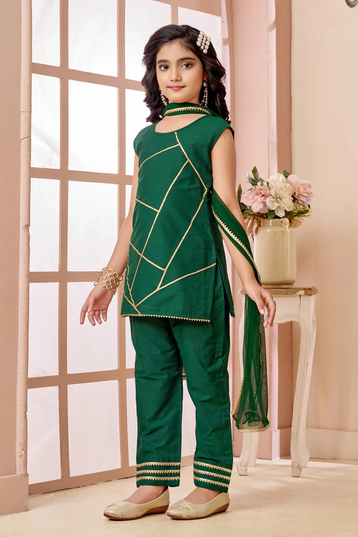 Green Embroidered Art Silk Straight Kids Salwar Suit