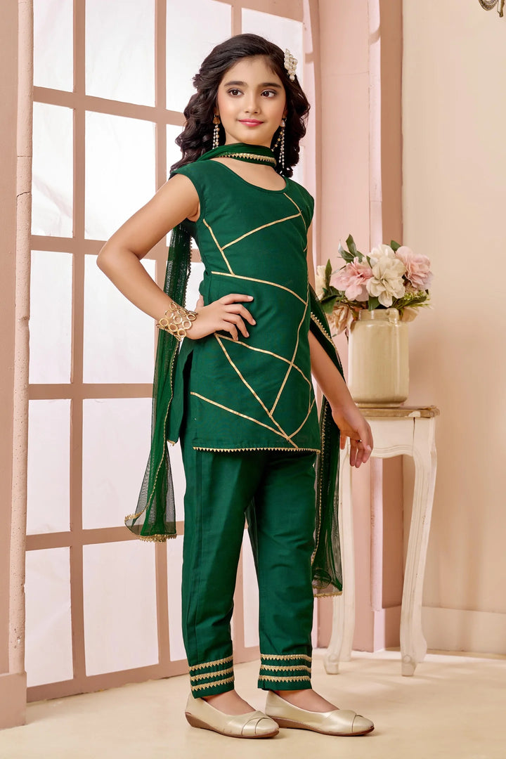 Green Embroidered Art Silk Straight Kids Salwar Suit