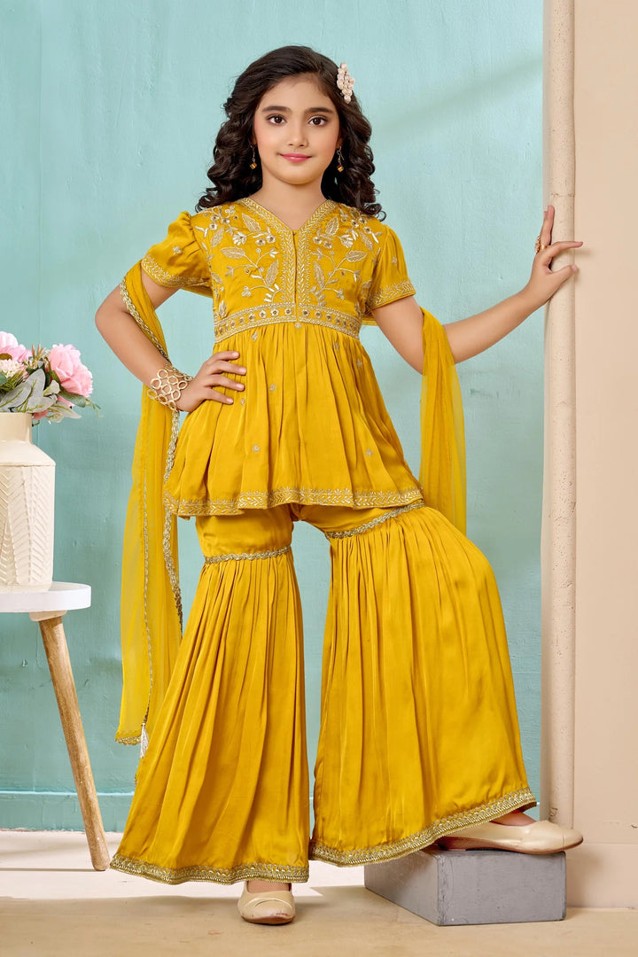 Yellow Embroidered Satin A Line Kids Salwar Suit