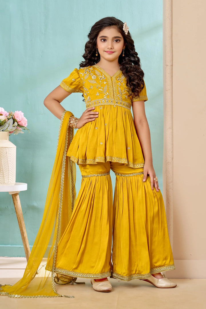 Yellow Embroidered Satin A Line Kids Salwar Suit