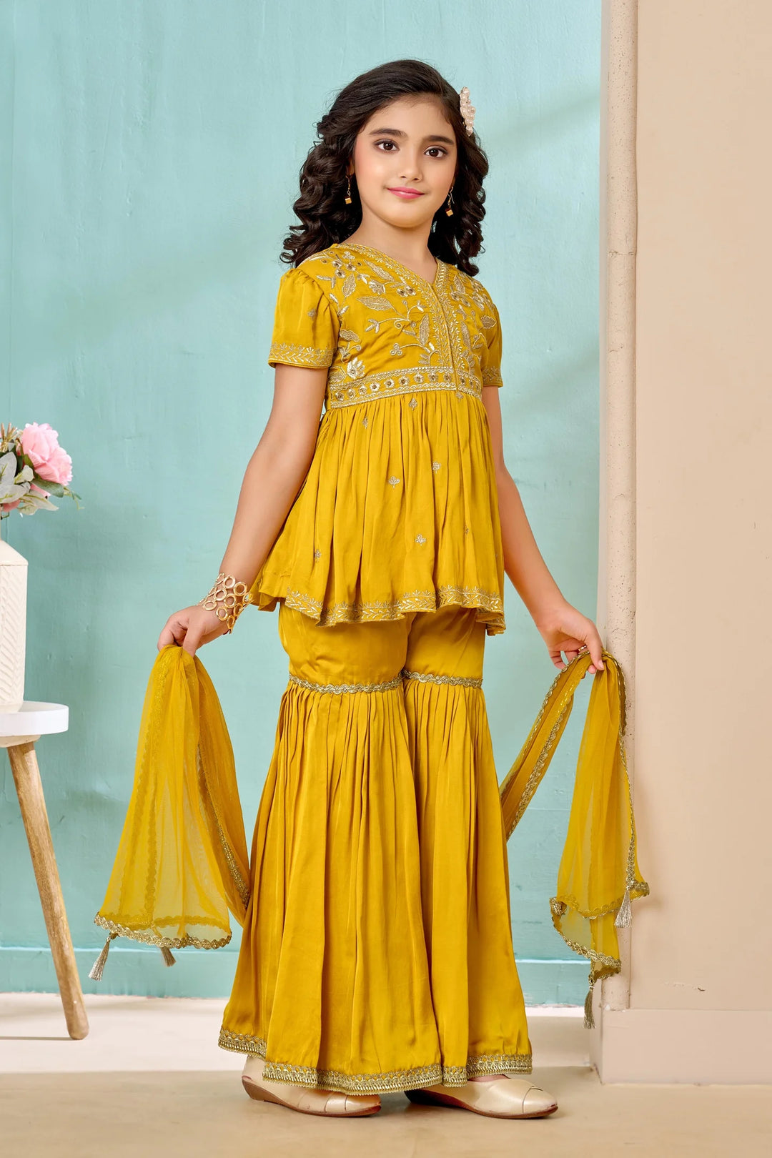 Yellow Embroidered Satin A Line Kids Salwar Suit