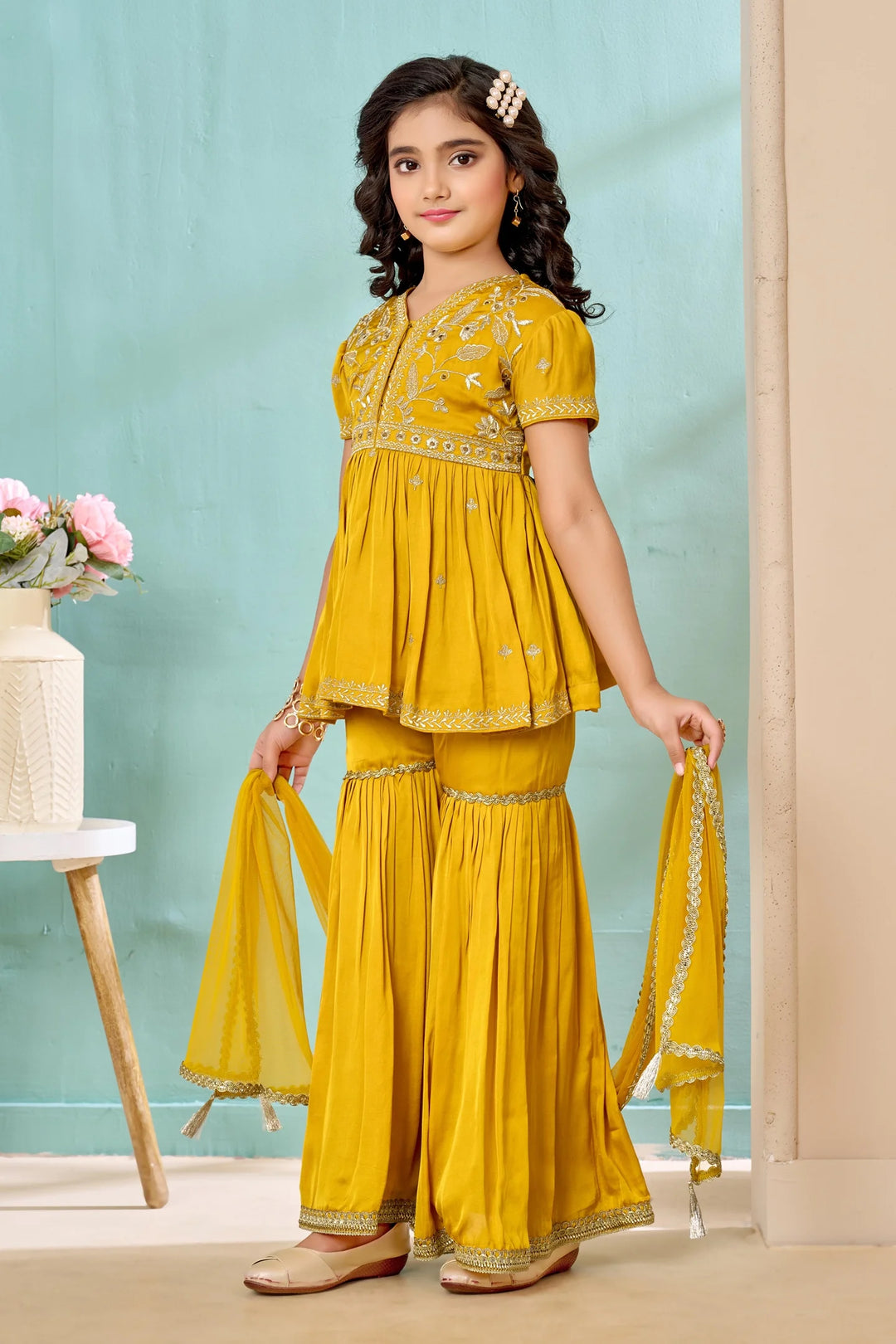 Yellow Embroidered Satin A Line Kids Salwar Suit