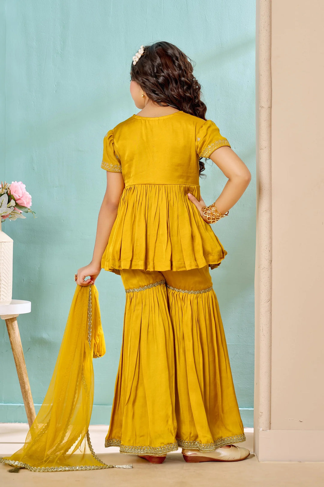 Yellow Embroidered Satin A Line Kids Salwar Suit