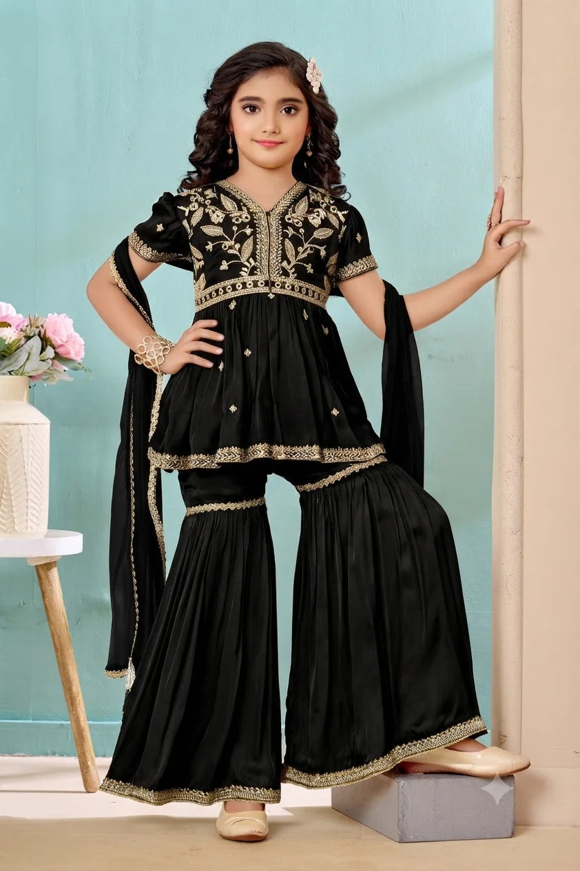 Black Embroidered Satin A Line Kids Salwar Suit