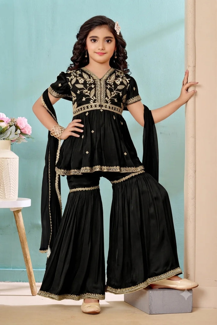 Black Embroidered Satin A Line Kids Salwar Suit