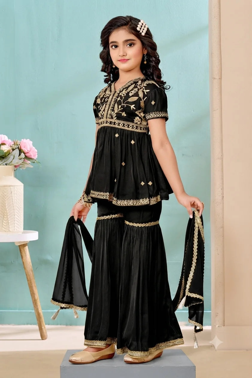 Black Embroidered Satin A Line Kids Salwar Suit