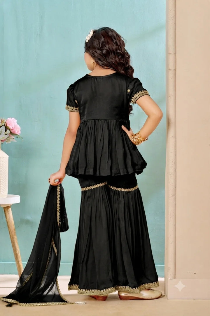 Black Embroidered Satin A Line Kids Salwar Suit